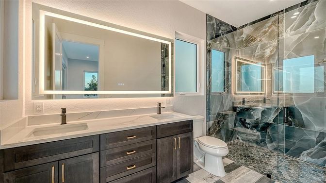 Bathroom, Dual Sink Vanities, Glass Shower, Interior, Recessed Lighting