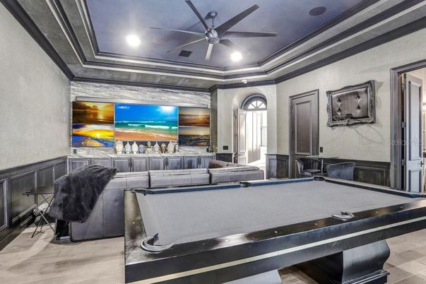 Billiard Table, Game Room, Interior, Recessed Lighting, Wood Texture Flooring