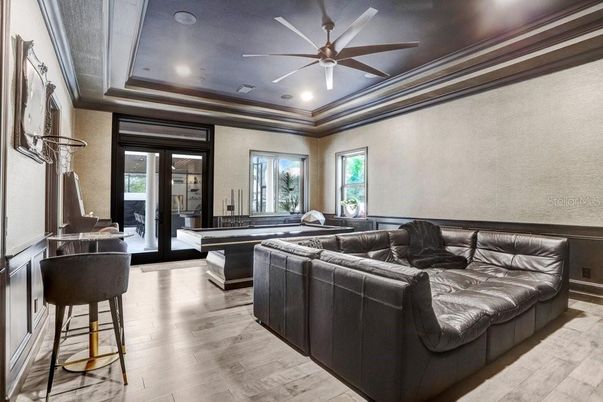 Billiard Table, Game Room, Interior, Living room, Recessed Lighting, Wood Texture Flooring