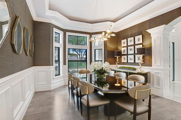 Dining room, Interior, Pendant Lights, Wood Texture Flooring