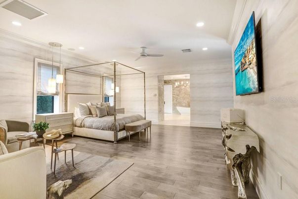 Bedroom, Interior, Pendant Lights, Recessed Lighting, Wood Texture Flooring