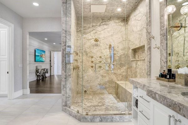 Bathroom, Glass Shower, Interior, Marble Walls, Recessed Lighting, Wood Texture Flooring