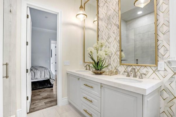 Bathroom, Bedroom, Dual Sink Vanities, Interior, Recessed Lighting, Wood Texture Flooring
