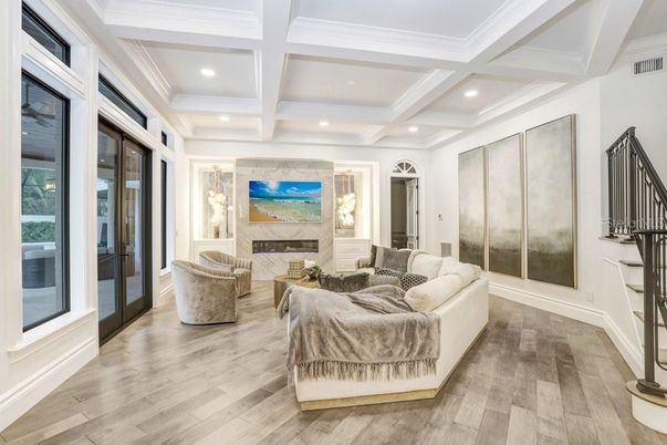 Fireplace, Interior, Living room, Recessed Lighting, Wood Texture Flooring