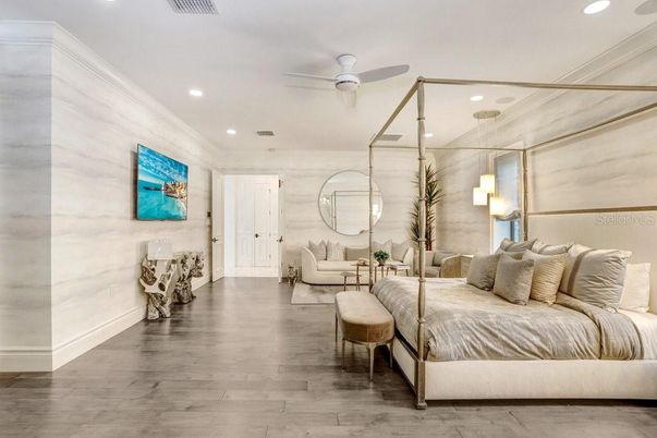 Bedroom, Interior, Recessed Lighting, Wood Texture Flooring