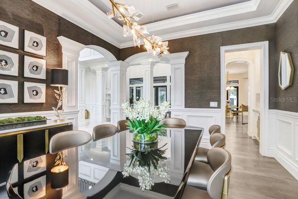 Dining room, Interior, Pendant Lights, Wood Texture Flooring