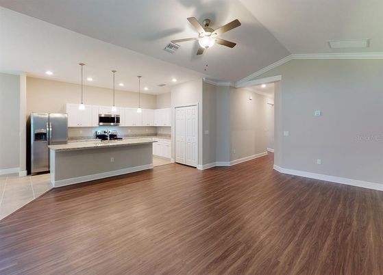 Interior, Kitchen, Pendant Lights, Recessed Lighting, Stainless Steel Appliances, Wood Texture Flooring