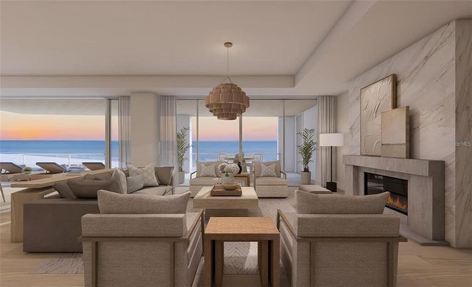 Fireplace, Interior, Living room, Marble Walls, Pendant Lights, Water, Wood Texture Flooring