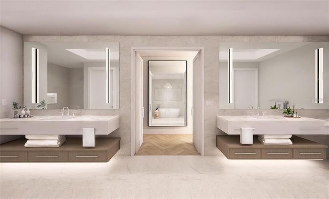 Bathroom, Dual Sink Vanities, Interior, Marble, Wood Texture Flooring