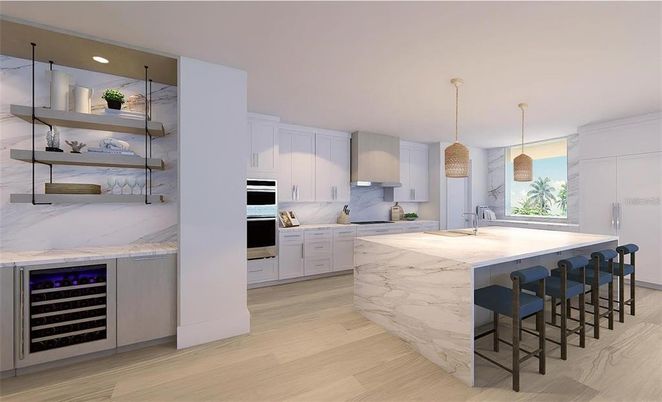 Interior, Kitchen, Marble Walls, Pendant Lights, Recessed Lighting, Stainless Steel Appliances, Wood Texture Flooring