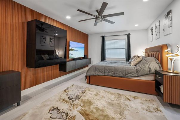 Bedroom, Interior, Recessed Lighting, Wooden Walls