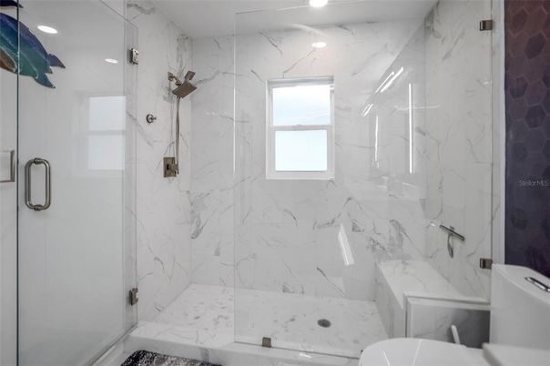 Bathroom, Glass Shower, Interior, Marble Walls, Recessed Lighting