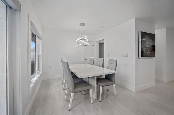 Dining room, Interior, Pendant Lights, Wood Texture Flooring