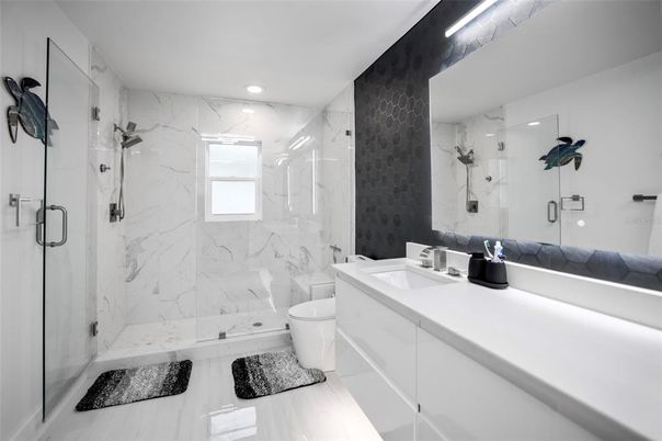 Bathroom, Glass Shower, Interior, Marble, Marble Walls, Recessed Lighting