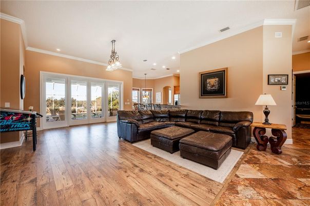 Interior, Living room, Pendant Lights, Recessed Lighting, Wood Texture Flooring