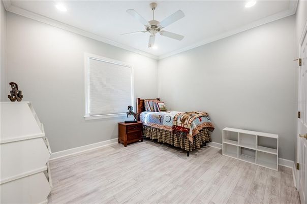 Bedroom, Interior, Recessed Lighting, Wood Texture Flooring