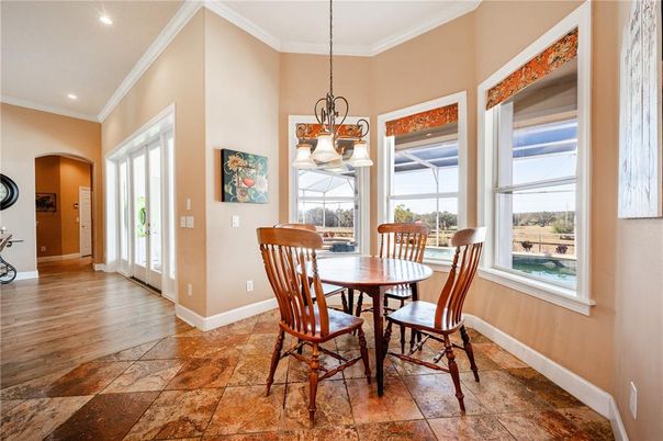 Chandelier, Dining room, Interior, Pendant Lights, Recessed Lighting, Wood Texture Flooring