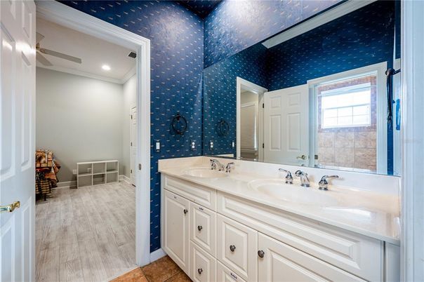 Bathroom, Dual Sink Vanities, Interior, Recessed Lighting, Wood Texture Flooring