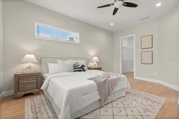 Bedroom, Interior, Recessed Lighting, Wood Texture Flooring