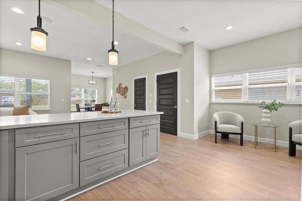 Dining room, Interior, Pendant Lights, Recessed Lighting, Wood Texture Flooring