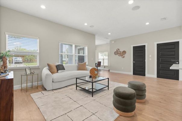 Interior, Living room, Recessed Lighting, Wood Texture Flooring