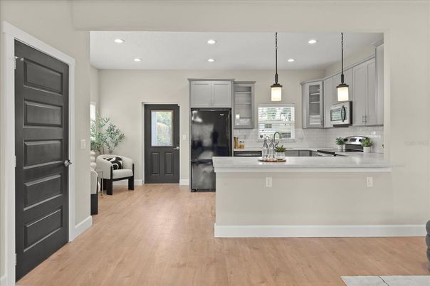 Interior, Kitchen, Pendant Lights, Recessed Lighting, Wood Texture Flooring