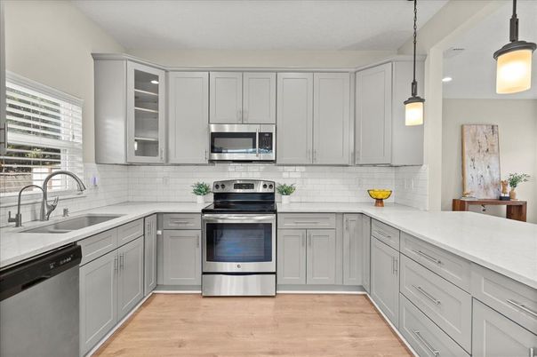 Interior, Kitchen, Pendant Lights, Stainless Steel Appliances, Wood Texture Flooring