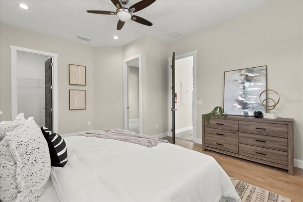 Bedroom, Interior, Recessed Lighting, Wood Texture Flooring