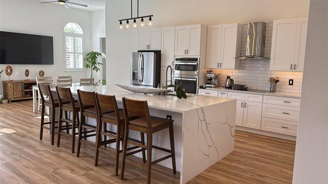 Interior, Kitchen, Pendant Lights, Stainless Steel Appliances, Wood Texture Flooring