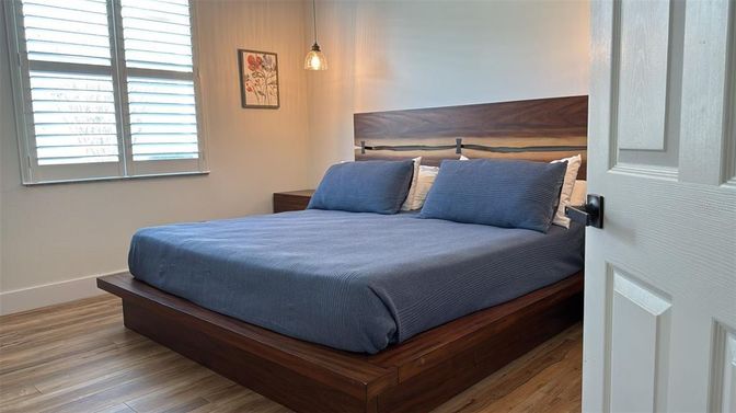 Bedroom, Interior, Pendant Lights, Wood Texture Flooring