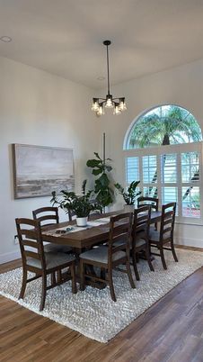 Dining room, Interior, Pendant Lights, Wood Texture Flooring