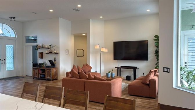 Interior, Living room, Recessed Lighting, Wood Texture Flooring