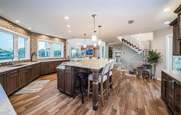 Interior, Kitchen, Pendant Lights, Recessed Lighting, Wood Texture Flooring