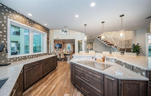 Dining room, Interior, Pendant Lights, Recessed Lighting, Wood Texture Flooring