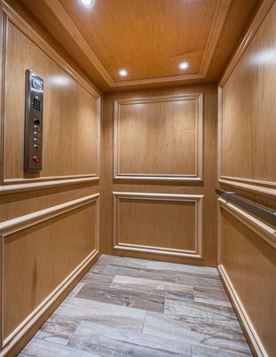 Elevator, Interior, Recessed Lighting, Wooden Ceilings, Wood Texture Flooring, Wooden Walls