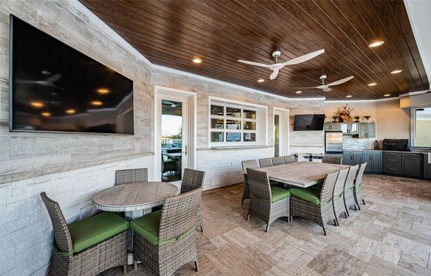 Dining room, Interior, Kitchen, Recessed Lighting, Stainless Steel Appliances, Stone Walls, Wooden Ceilings