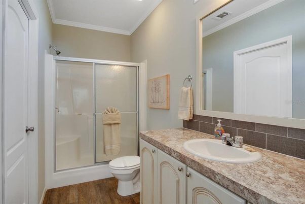 Bathroom, Glass Shower, Interior, Wood Texture Flooring