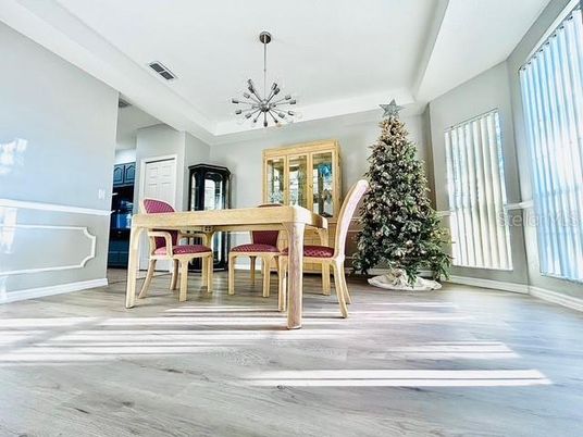 Dining room, Interior, Pendant Lights, Wood Texture Flooring