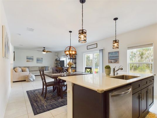 Dining room, Interior, Kitchen, Living room, Pendant Lights, Recessed Lighting, Stainless Steel Appliances