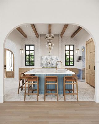 Dining room, Interior, Kitchen, Pendant Lights, Recessed Lighting, Stone Walls, Wooden Beams, Wood Texture Flooring