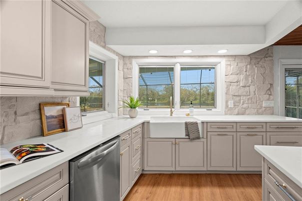 Interior, Kitchen, Recessed Lighting, Stainless Steel Appliances, Stone Walls, Wood Texture Flooring