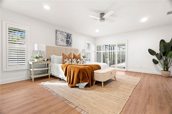 Bedroom, Interior, Recessed Lighting, Wood Texture Flooring