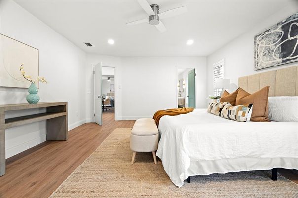 Bedroom, Interior, Recessed Lighting, Wood Texture Flooring