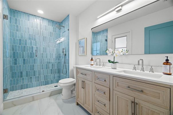 Bathroom, Dual Sink Vanities, Glass Shower, Interior, Marble, Recessed Lighting