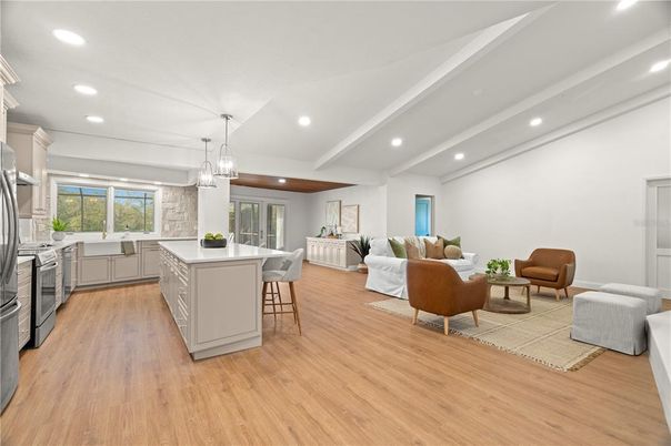 Interior, Kitchen, Living room, Pendant Lights, Recessed Lighting, Stainless Steel Appliances, Wood Texture Flooring