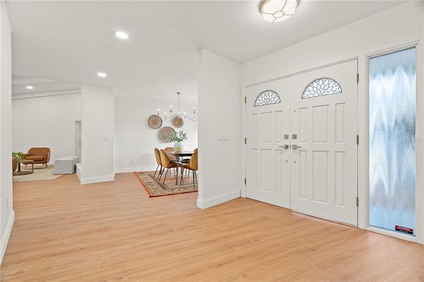 Dining room, Interior, Pendant Lights, Recessed Lighting, Wood Texture Flooring