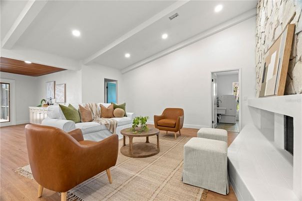 Fireplace, Interior, Living room, Recessed Lighting, Wooden Ceilings, Wood Texture Flooring
