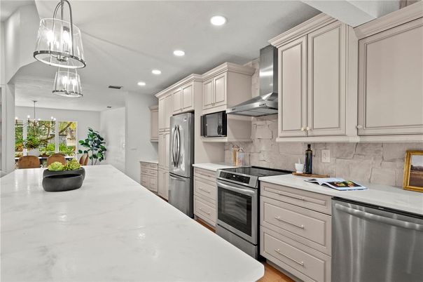 Interior, Kitchen, Pendant Lights, Recessed Lighting, Stainless Steel Appliances, Wood Texture Flooring