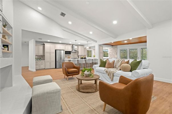 Interior, Kitchen, Living room, Pendant Lights, Recessed Lighting, Stainless Steel Appliances, Wood Texture Flooring