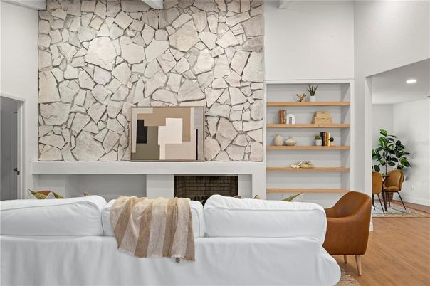 Fireplace, Interior, Recessed Lighting, Stone Walls, Wood Texture Flooring